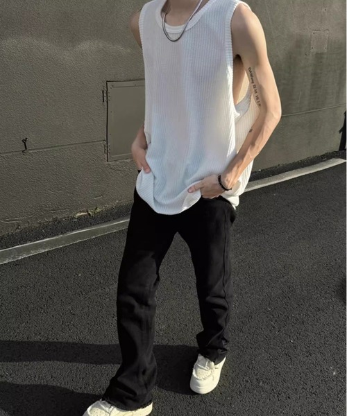 DOUBLE STEAL（ダブルスティール）の「DSワッフルリブオーバーサイズノースリーブタンクトップ（タンクトップ・メンズ・ブラック/ベージュ/ホワイト・X-LARGE/LARGE/MEDIUM）」の4枚目の写真