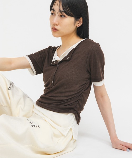 KBF（ケイビーエフ）の「バイカラーヘンリーネックTEE（Tシャツ/カットソー・レディース・グリーン系その他/ブラウン/ライトグレー・ONE）」の2枚目の写真