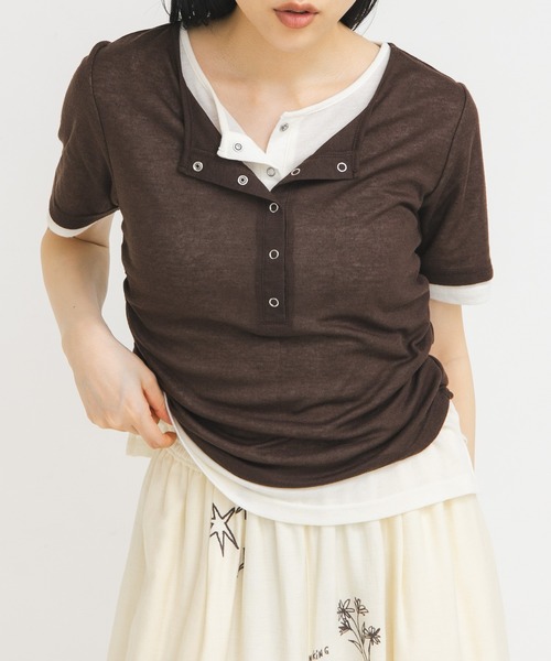 KBF（ケイビーエフ）の「バイカラーヘンリーネックTEE（Tシャツ/カットソー・レディース・グリーン系その他/ブラウン/ライトグレー・ONE）」の5枚目の写真
