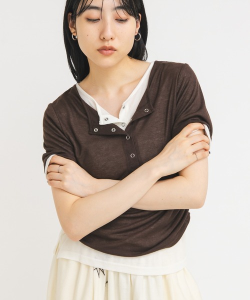 KBF（ケイビーエフ）の「バイカラーヘンリーネックTEE（Tシャツ/カットソー・レディース・グリーン系その他/ブラウン/ライトグレー・ONE）」の7枚目の写真