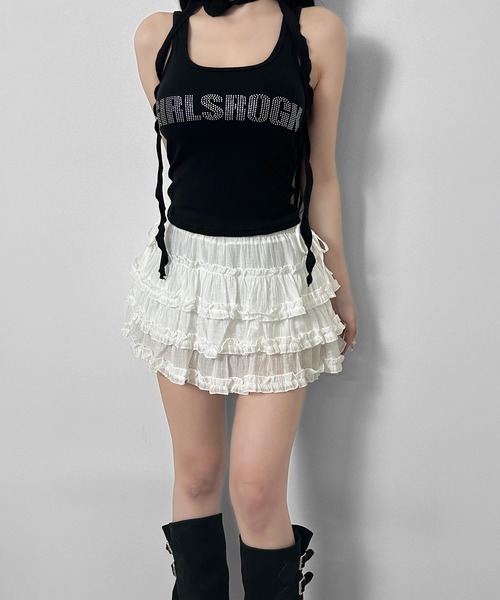 FOLLOWIN（フォロウィン）の「【3COLOR/インナーパンツ仕様】シャーリングフリルミニスカート（スカート・レディース・グレー/ブラック/ホワイト・FREE）」の5枚目の写真