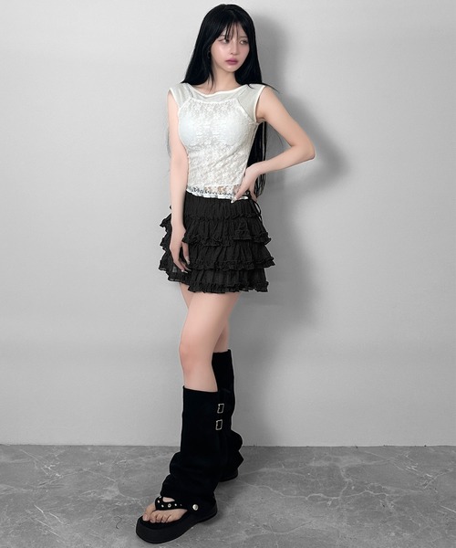 FOLLOWIN（フォロウィン）の「【3COLOR/インナーパンツ仕様】シャーリングフリルミニスカート（スカート・レディース・グレー/ブラック/ホワイト・FREE）」の20枚目の写真