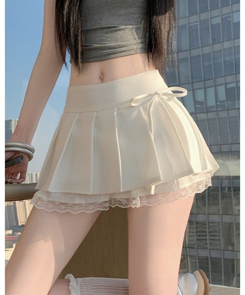 CHEER（チアー）の「スクール風レースパッチワークプリーツスカート（スカート・レディース・ブラック/グレー/ホワイト・S）」の6枚目の写真