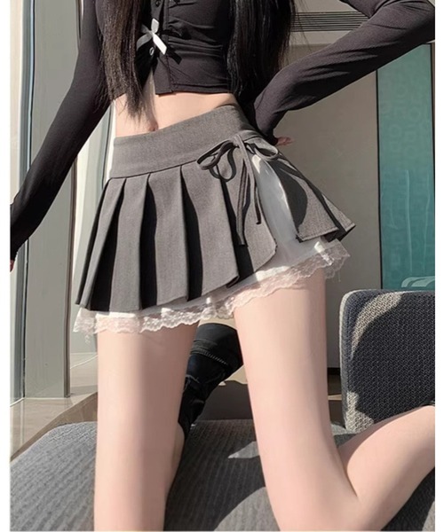 CHEER（チアー）の「スクール風レースパッチワークプリーツスカート（スカート・レディース・ブラック/グレー/ホワイト・S）」の7枚目の写真