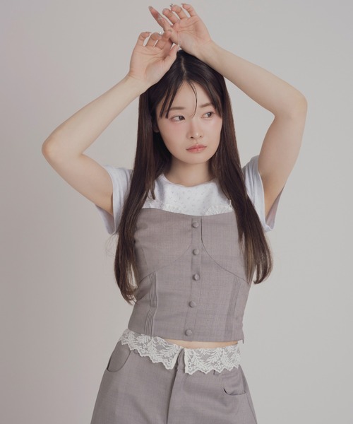 mellowneon（メロウネオン）の「レースレイヤードキャミパンツセットアップ（セットアップ・レディース・グレー/ブラウン/ストライプ・MEDIUM/SMALL）」の16枚目の写真