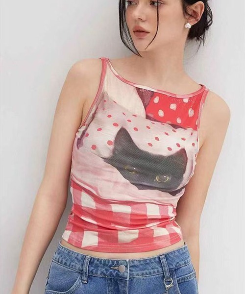 AsheKsha(アシクシャ)の「レトロなドット柄チェックの猫柄ショートトップス(タンクトップ・レディース・レッド・M)」の7枚目の写真