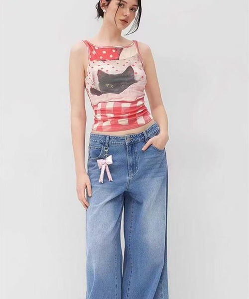 AsheKsha(アシクシャ)の「レトロなドット柄チェックの猫柄ショートトップス(タンクトップ・レディース・レッド・M)」の5枚目の写真