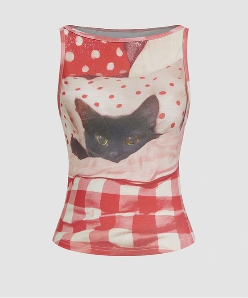 AsheKsha(アシクシャ)の「レトロなドット柄チェックの猫柄ショートトップス(タンクトップ・レディース・レッド・M)」の4枚目の写真