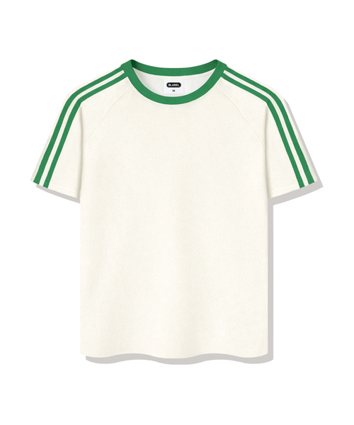 BASIC LABEL（ベーシックラベル）の「Joshua Oversized fit track short-sleeved T-shirt 4 Color [BLSE_3001]（Tシャツ/カットソー・レディース・ブラック/クリーム/ホワイト×グリーン/ホワイト×ブラック・SMALL/MEDIUM/LARGE/X-LARGE）」の4枚目の写真