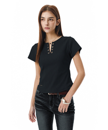 SECONDMONO（セカンドモノローグ）の「Lace-Up Rib Slim Tee [BLACK]_SEWTS035BLACK（Tシャツ/カットソー）」