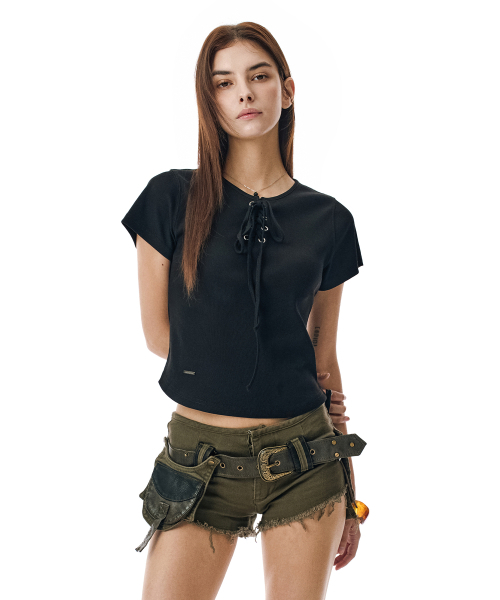 SECONDMONO（セカンドモノローグ）の「Lace-Up Rib Slim Tee [BLACK]_SEWTS035BLACK（Tシャツ/カットソー・レディース・その他・F）」の6枚目の写真