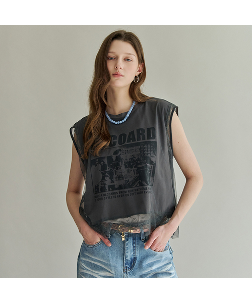 MAXZA(マージャコレクション)の「レースレイヤードグラフィックスリーブレスTシャツ(Tシャツ/カットソー・レディース・ホワイト/グレー・FREE)」の2枚目の写真
