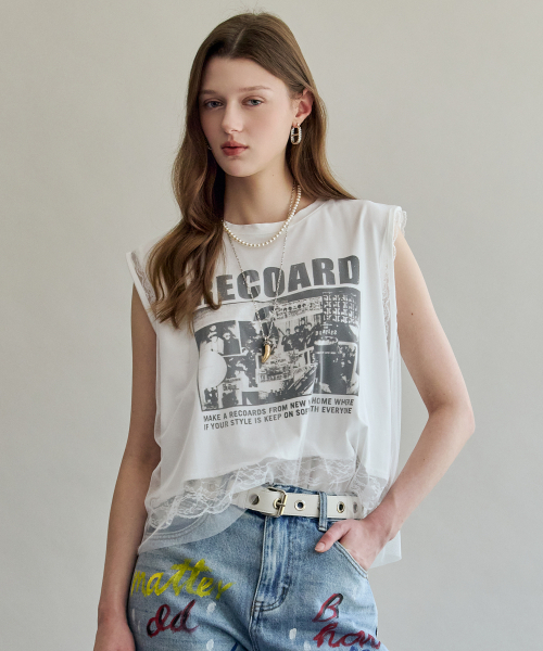 MAXZA(マージャコレクション)の「レースレイヤードグラフィックスリーブレスTシャツ(Tシャツ/カットソー・レディース・ホワイト/グレー・FREE)」の3枚目の写真