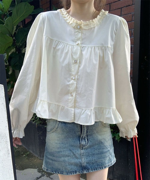 BLANC FICELLE(ブランフィセル)の「フリルカラー 長袖シャツ(シャツ/ブラウス・レディース・ブルー/アイボリー・M/L/XL)」の12枚目の写真