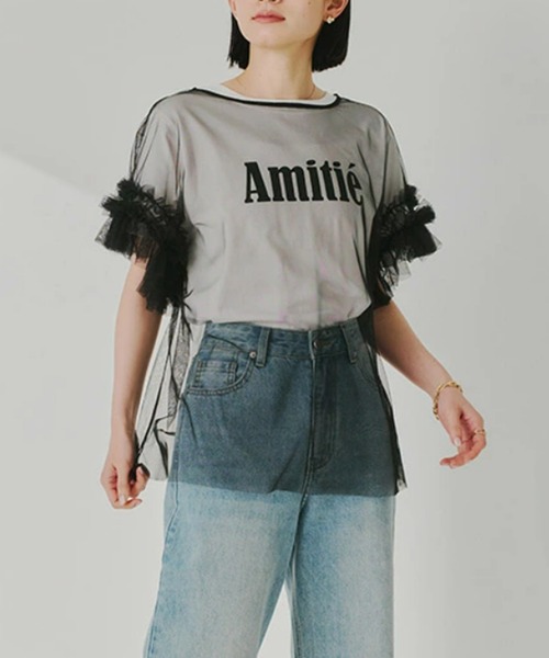 Chiina(チーナ)の「【Chiina】袖フリルシアートップス(Tシャツ/カットソー・レディース・ブラック/ホワイト・FREE)」の6枚目の写真