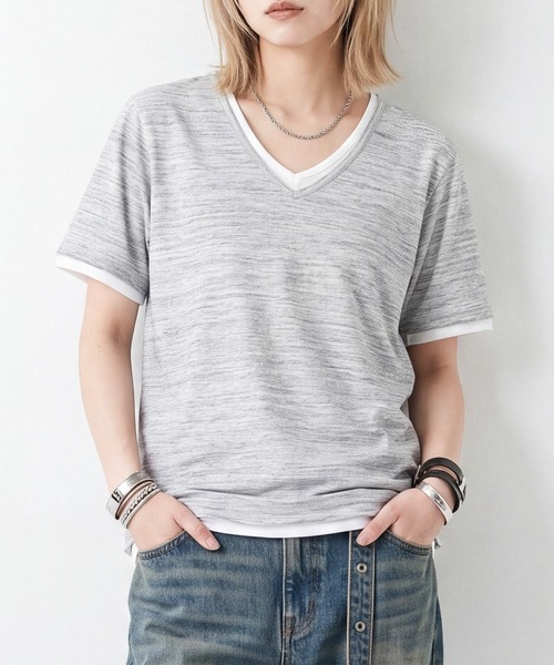 sunny branch(サニーブランチ)の「★Bd★ユニセックス 杢天竺 レイヤード VネックTシャツ(Tシャツ/カットソー・レディース・ブラック/グレー/ホワイト/ワインレッド・MEDIUM/LARGE/X-LARGE)」の2枚目の写真