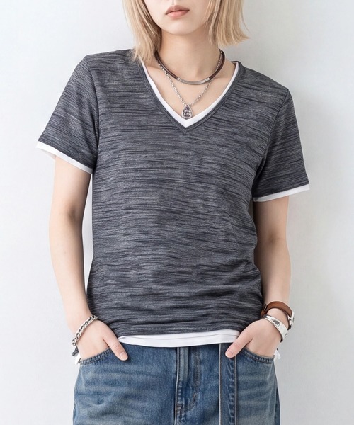 sunny branch(サニーブランチ)の「★Bd★ユニセックス 杢天竺 レイヤード VネックTシャツ(Tシャツ/カットソー・レディース・ブラック/グレー/ホワイト/ワインレッド・MEDIUM/LARGE/X-LARGE)」の1枚目の写真