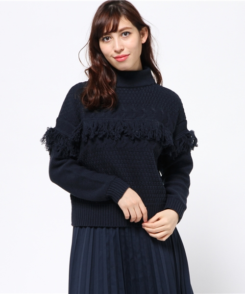 OUTLET（アウトレット）の「【mystic】ケーブルフリンジボトルネックプルオーバー（ニット/セーター・レディース・キャメル/ライトグレー/ネイビー/オフホワイト・FREE）」の3枚目の写真