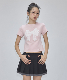 LACE RIBBON STRETCH SLIM FIT T SHIRT SOFT PINK