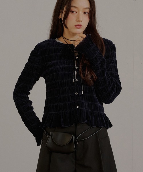 MUHET(ミュエータ)の「assorted shirring cardigan / アソートシャーリングカーディガン(カーディガン/ボレロ・レディース・アイボリー/ネイビー/オフホワイト/ブラウン/ライトグリーン・FREE)」の10枚目の写真