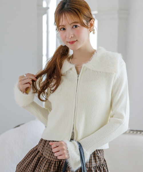 alotta(アロッタ)の「【Corie】シャギーデザインWジップニットカーデ(カーディガン/ボレロ・レディース・アイボリー/グレー・L/M)」の4枚目の写真