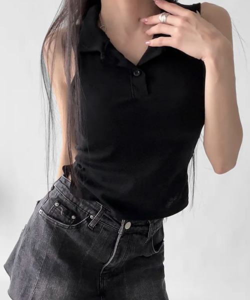 VIVID LADY(ビビッドレディー)の「カップイン ポロカラー ヘンリーネックノースリーブトップス(Tシャツ/カットソー・レディース・ネイビー/グレー/ホワイト/ブラック・FREE)」の3枚目の写真