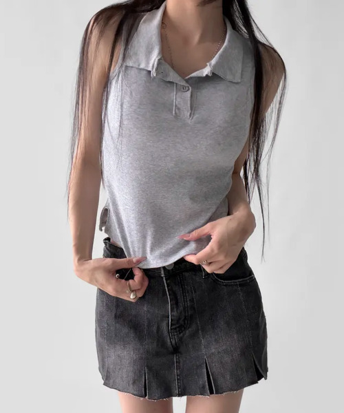 VIVID LADY(ビビッドレディー)の「カップイン ポロカラー ヘンリーネックノースリーブトップス(Tシャツ/カットソー・レディース・ネイビー/グレー/ホワイト/ブラック・FREE)」の5枚目の写真