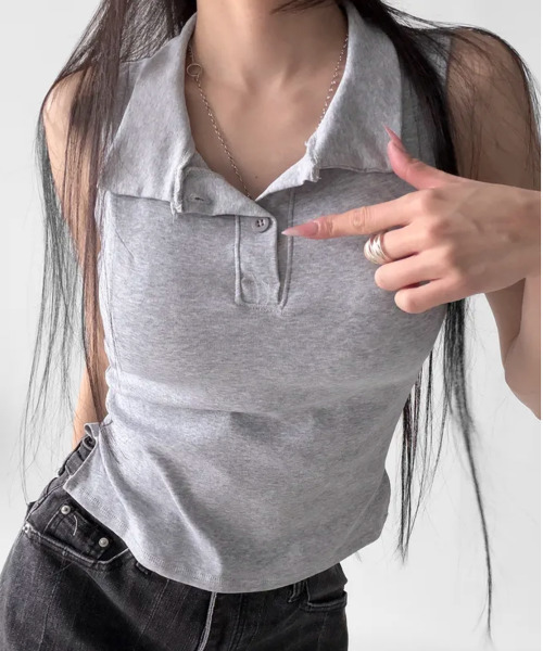 VIVID LADY(ビビッドレディー)の「カップイン ポロカラー ヘンリーネックノースリーブトップス(Tシャツ/カットソー・レディース・ネイビー/グレー/ホワイト/ブラック・FREE)」の6枚目の写真