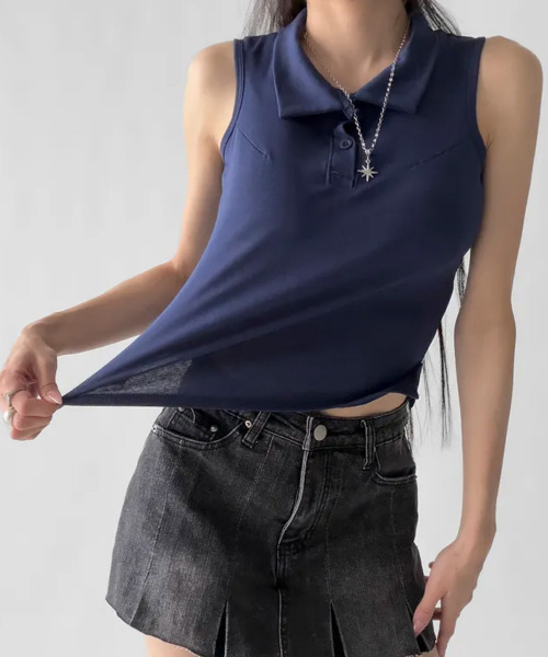 VIVID LADY(ビビッドレディー)の「カップイン ポロカラー ヘンリーネックノースリーブトップス(Tシャツ/カットソー・レディース・ネイビー/グレー/ホワイト/ブラック・FREE)」の18枚目の写真