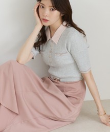 2026秋冬新作 襟付き配色ポロニットドッキングワンピース