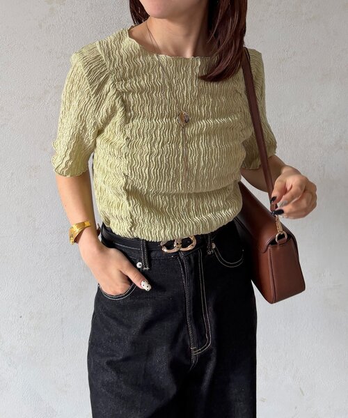 Thevon(ゼボン)の「ギャザージャガード半袖プルオーバー(Tシャツ/カットソー・レディース・グリーン系/グレー/アイボリー/ブラック・FREE)」の18枚目の写真