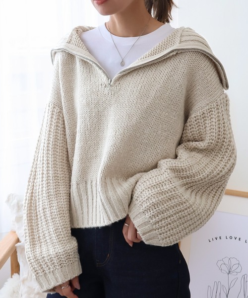 NYLAUS(ナイラス)の「【SG】ハーフジップ ニット プルオーバー(ニット/セーター・レディース・ブラック/ライトグレー/チャコール/ベージュ/ブルー・M)」の1枚目の写真