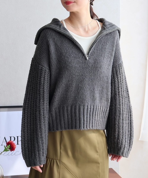 NYLAUS(ナイラス)の「【SG】ハーフジップ ニット プルオーバー(ニット/セーター・レディース・ブラック/ライトグレー/チャコール/ベージュ/ブルー・M)」の4枚目の写真