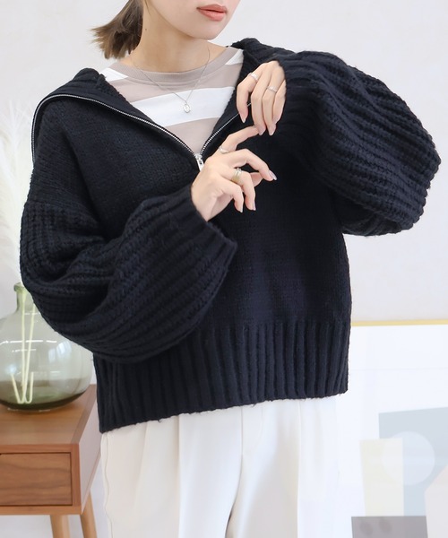 NYLAUS(ナイラス)の「【SG】ハーフジップ ニット プルオーバー(ニット/セーター・レディース・ブラック/ライトグレー/チャコール/ベージュ/ブルー・M)」の2枚目の写真