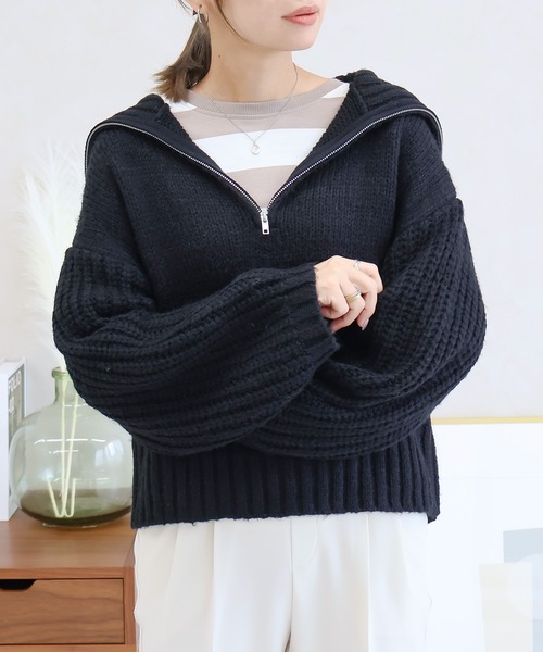 NYLAUS(ナイラス)の「【SG】ハーフジップ ニット プルオーバー(ニット/セーター・レディース・ブラック/ライトグレー/チャコール/ベージュ/ブルー・M)」の7枚目の写真