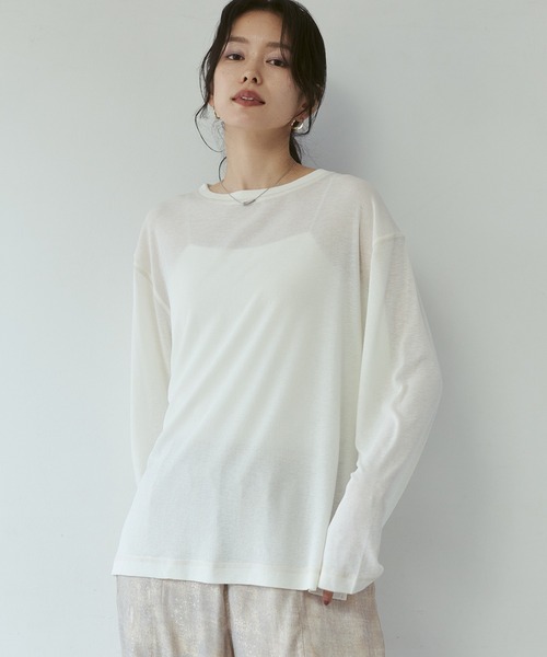hunch(ハンチ)の「微配色ステッチ シアーワッフルトップス(Tシャツ/カットソー・レディース・ダークブラウン/レッド/ライトベージュ・FREE)」の2枚目の写真