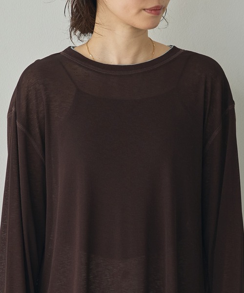 hunch(ハンチ)の「微配色ステッチ シアーワッフルトップス(Tシャツ/カットソー・レディース・ダークブラウン/レッド/ライトベージュ・FREE)」の13枚目の写真