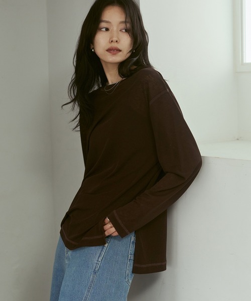 hunch(ハンチ)の「微配色ステッチ シアーワッフルトップス(Tシャツ/カットソー・レディース・ダークブラウン/レッド/ライトベージュ・FREE)」の7枚目の写真