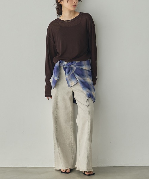 hunch(ハンチ)の「微配色ステッチ シアーワッフルトップス(Tシャツ/カットソー・レディース・ダークブラウン/レッド/ライトベージュ・FREE)」の17枚目の写真