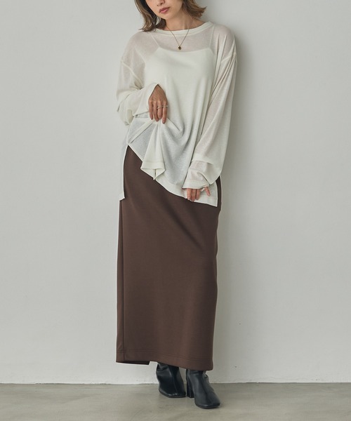 hunch(ハンチ)の「微配色ステッチ シアーワッフルトップス(Tシャツ/カットソー・レディース・ダークブラウン/レッド/ライトベージュ・FREE)」の5枚目の写真