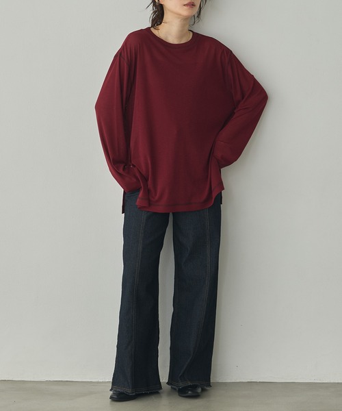 hunch(ハンチ)の「微配色ステッチ シアーワッフルトップス(Tシャツ/カットソー・レディース・ダークブラウン/レッド/ライトベージュ・FREE)」の6枚目の写真