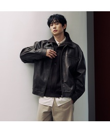 [COUTURE] ブラウンウォッシュドレザー ジップアップ セミオーバーサイズ トラッカージャケット