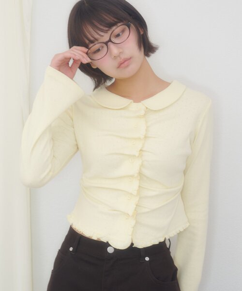 DISCOAT(ディスコート)の「【umm.】衿付きフリルドレープショートカーディガン(ニット/セーター・レディース・ネイビー/レモンイエロー/グレー・FREE)」の3枚目の写真