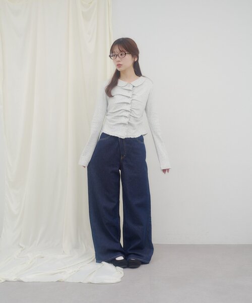 DISCOAT(ディスコート)の「【umm.】衿付きフリルドレープショートカーディガン(ニット/セーター・レディース・ネイビー/レモンイエロー/グレー・FREE)」の6枚目の写真