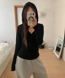 フード付き シャーリングリブ長袖トップス