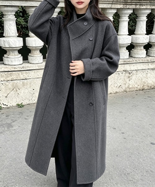 ReRe(リリ)の「ウエストベルト×スタンドカラーロングコート(チェスターコート・レディース・ブラック/ダークブラウン/カーキ/ダークグレー・FREE)」の3枚目の写真