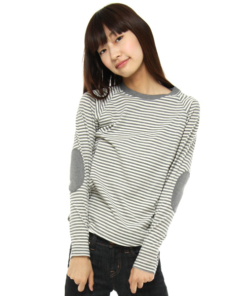 BEAMS BOY(ビームスボーイ)の「BEAMS BOY / 5mmボーダーエルボーパッチベースボールT(Tシャツ/カットソー・レディース・チャコールグレー/ブラック/ライトブラウン・ONE SIZE)」の1枚目の写真