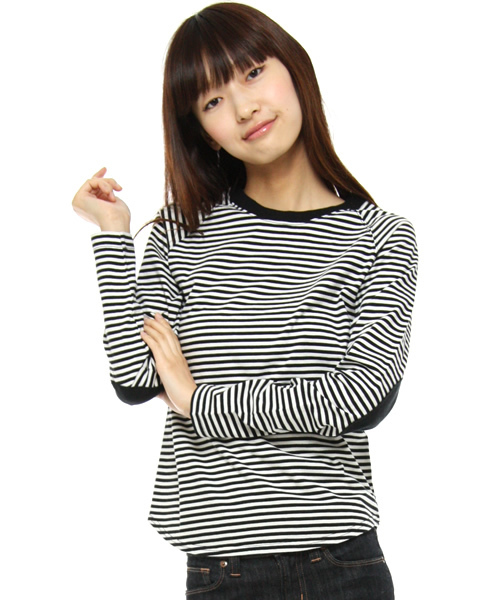 BEAMS BOY(ビームスボーイ)の「BEAMS BOY / 5mmボーダーエルボーパッチベースボールT(Tシャツ/カットソー・レディース・チャコールグレー/ブラック/ライトブラウン・ONE SIZE)」の2枚目の写真