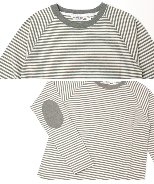 BEAMS BOY(ビームスボーイ)の「BEAMS BOY / 5mmボーダーエルボーパッチベースボールT(Tシャツ/カットソー・レディース・チャコールグレー/ブラック/ライトブラウン・ONE SIZE)」の7枚目の写真
