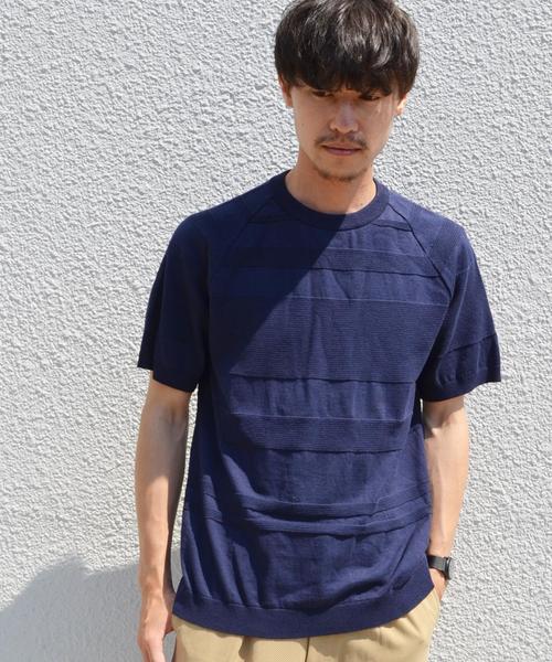 SHIPS(シップス)の「SC: ランダムボーダー ニット Tシャツ■(Tシャツ/カットソー・メンズ・ネイビー/マスタード/ブラウン/ブルー/ホワイト・SMALL/LARGE/X-LARGE/MEDIUM)」の3枚目の写真